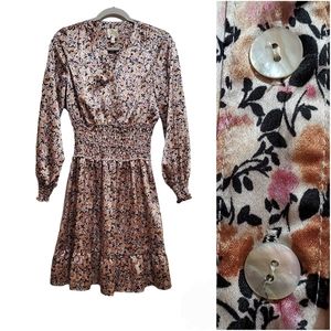 Anthropologie Fig and Flower Floral Satin Smocked Body Dress Size M